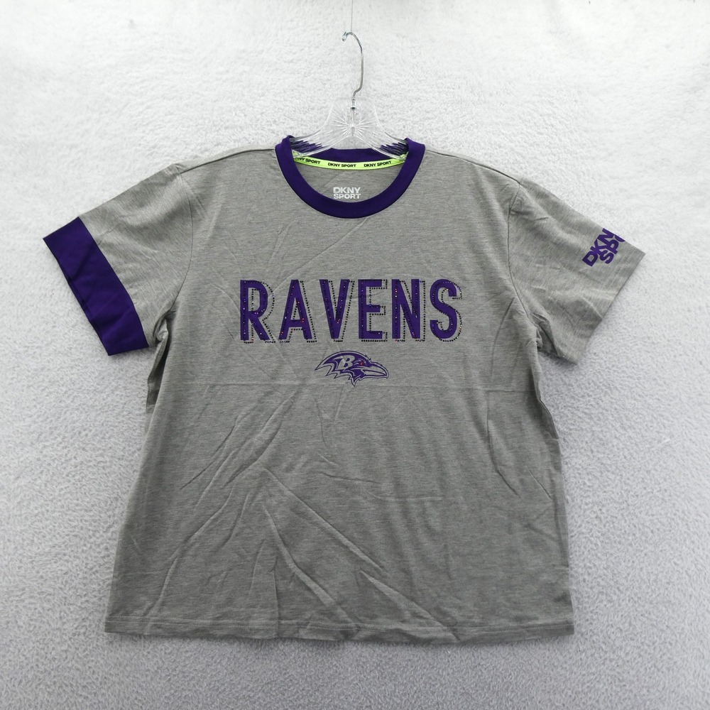 DKNY Sport Shirt Womens Small Baltimore Ravens Gray Purple Rhinestone NFL Y2K